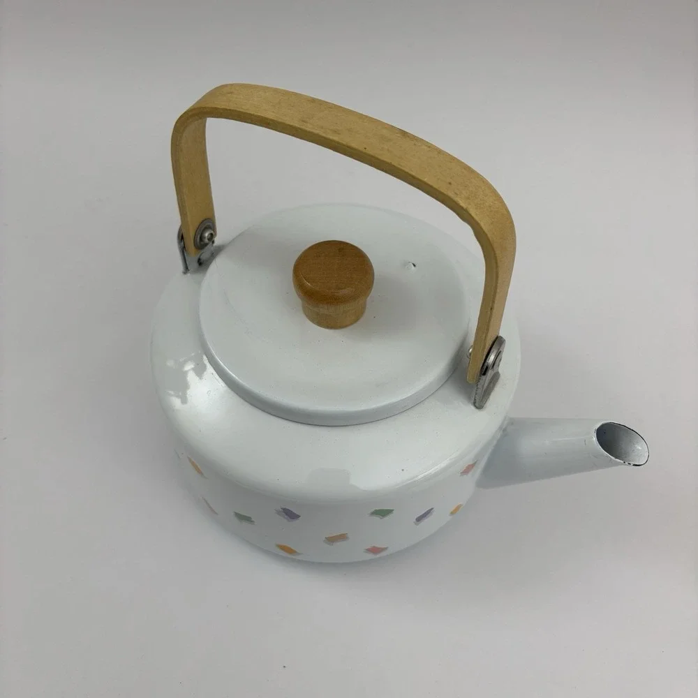 90s Teapot Saved By‎ The Bell Wood Handle Enamel Vintage Confetti Design